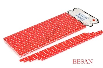 KAĞIT PİPET 20 CM - Ø6MM. KIRMIZI ÜZERİNE BEYAZ PUANTİYE / 24 ADET