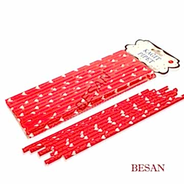 KAĞIT PİPET 20 CM - Ø6MM.KIRMIZI ÜZERİNE BEYAZ KALP / 24 ADET
